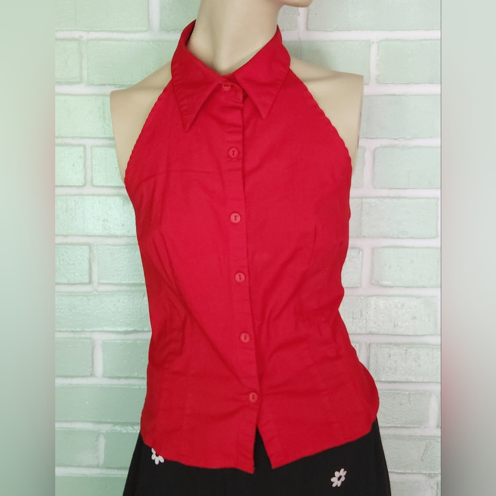 Janette Red Collared Button-Up Halter Top